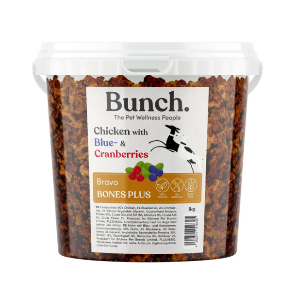Bunch bravo bones trningsgodbidder med kylling, blbr og tranebr 1kg